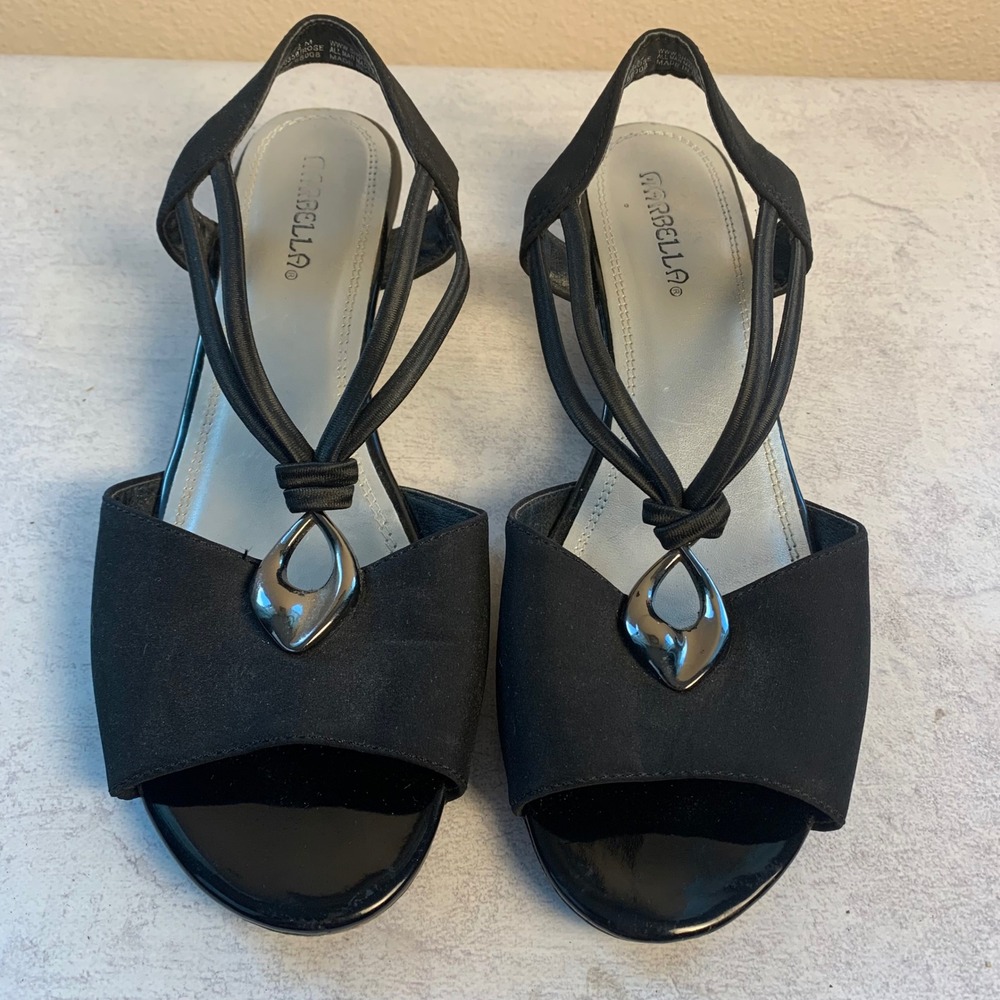 Marbella 7.5 M Wedge Sandals Black Strappy Metallic Ornament Slingback 770358